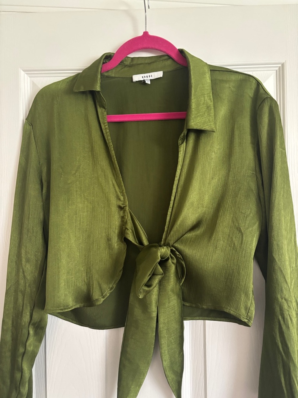 Ro & De Olive Green Satin Tie-Front Bolero Shirt